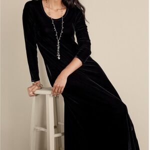 Blue sapphire velvet stretch, maxi dress with scoop neck, neck line in large